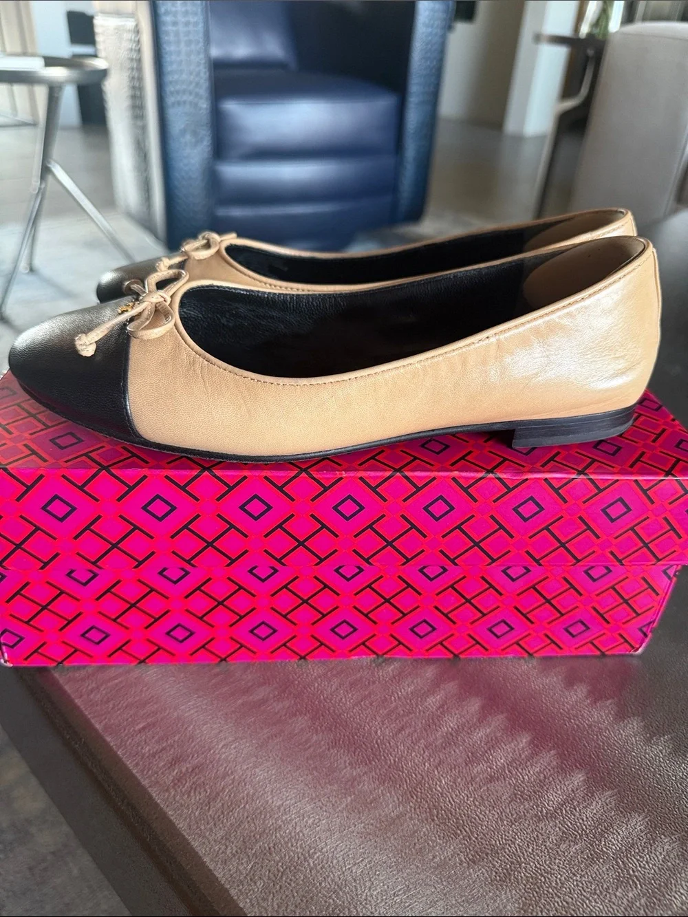 Tory Burch Two-Tone Black and Beige Cap Toe Leather Ballet Flats